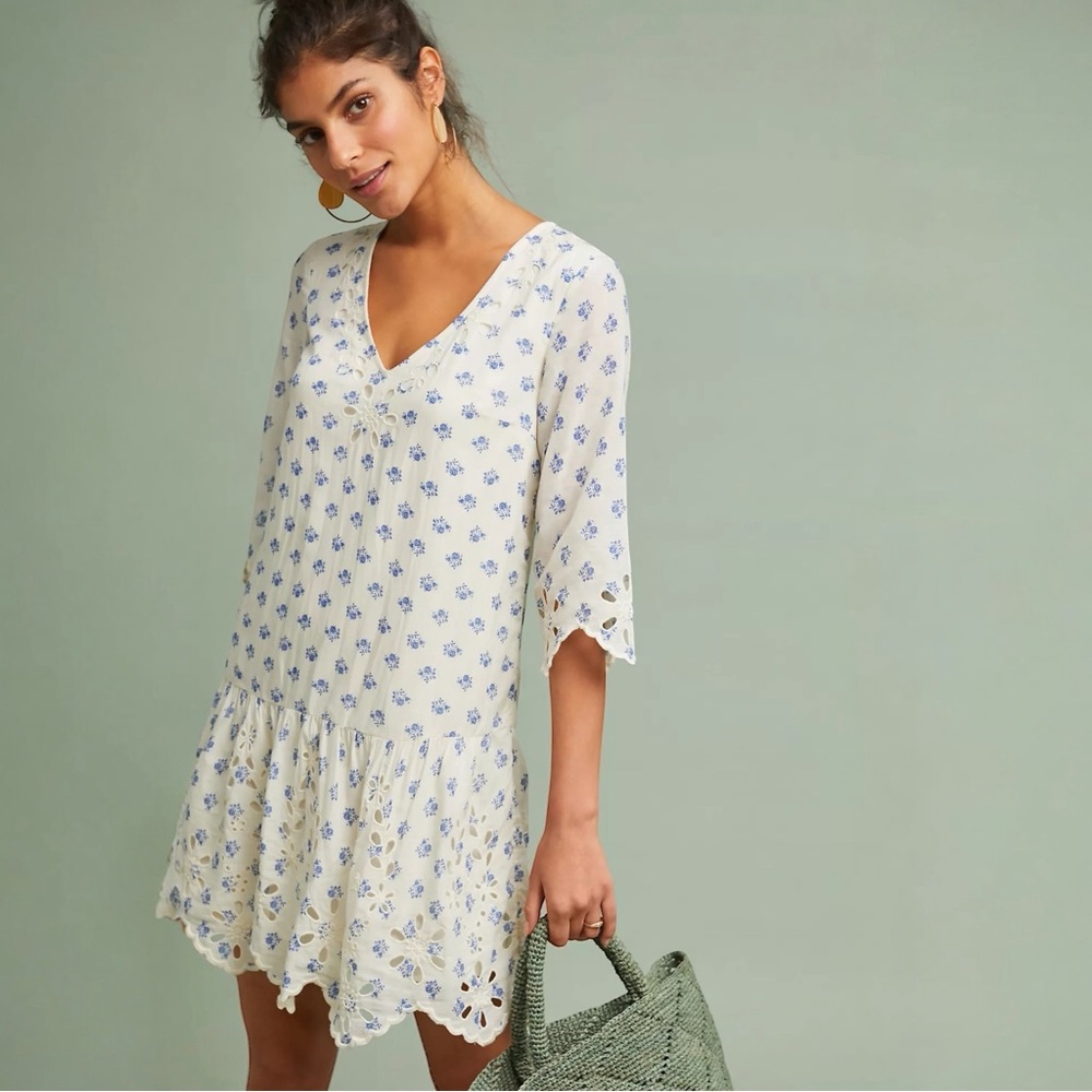 Anthropologie Meadow Rue Cream and Blue Floral Eyelet Tunic Dress‎ Small